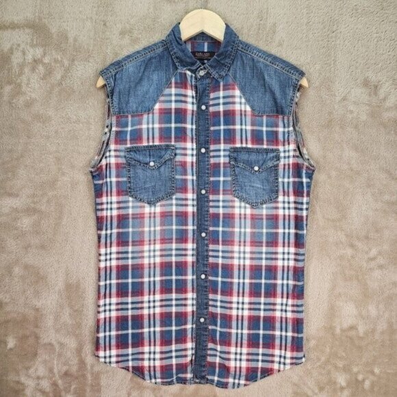 Zara Man Denim Collection Slim Fit Vest Snap Button Men's Size M Pockets Plaid - Picture 1 of 10
